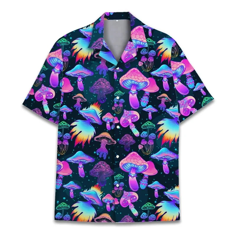thumbnail image 1 of Camisa de manga corta con botones y estampado 3D de hongos coloridos para hombre, estilo hawaiano callejero, para vacaciones, playa, plantas, 1 of 5
