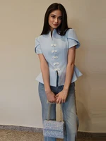 Blazer élégant pour femme, bleu, col montant, simple boutonnage, manches bouffantes, nouvelle collection printemps 2026, veste de bureau tendance 6