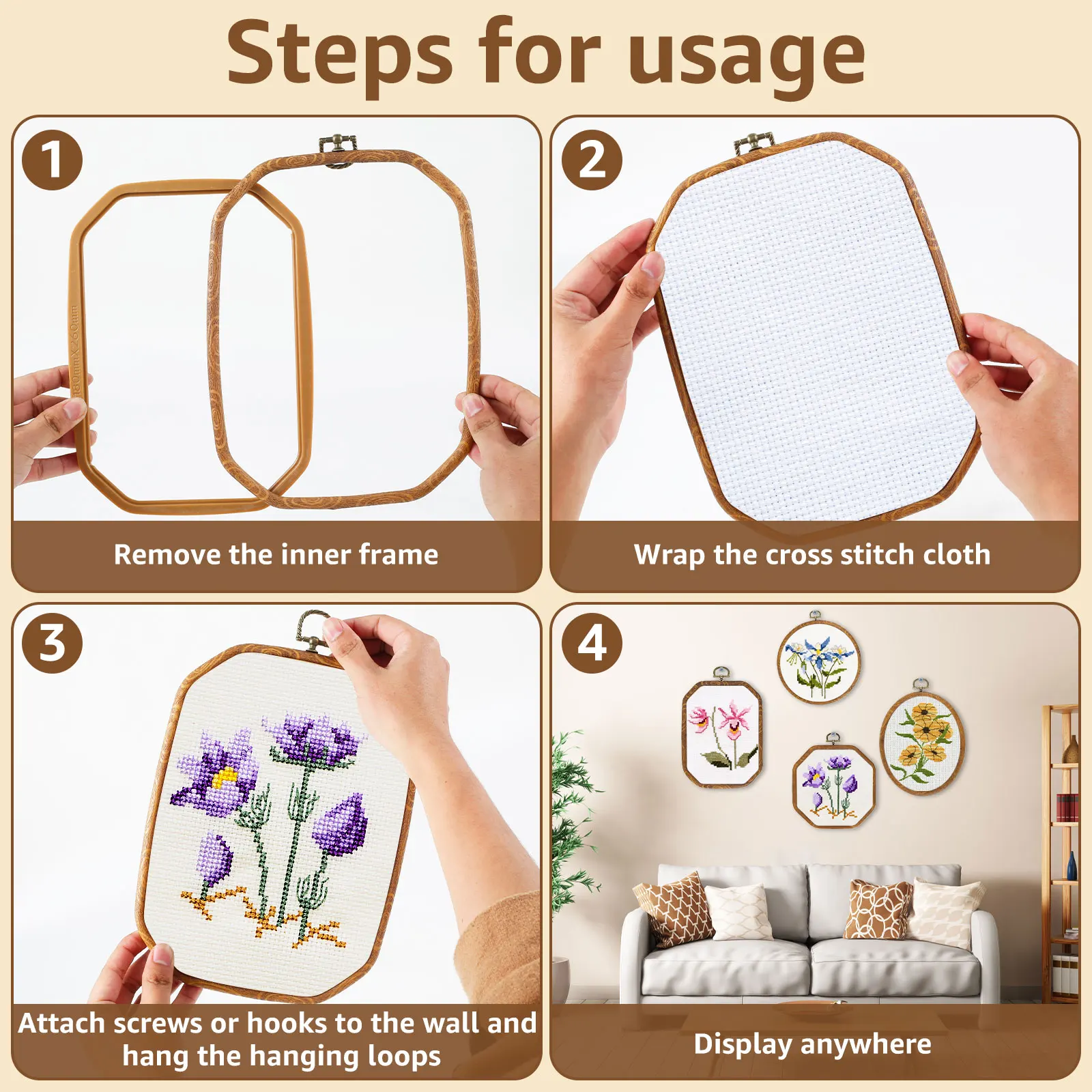 New 9Pcs Large Embroidery Hoop Frame Imitated Wood Embroidery Display Frame Round Oval Octagonal Cross Stitch Hoop Rings Hanging