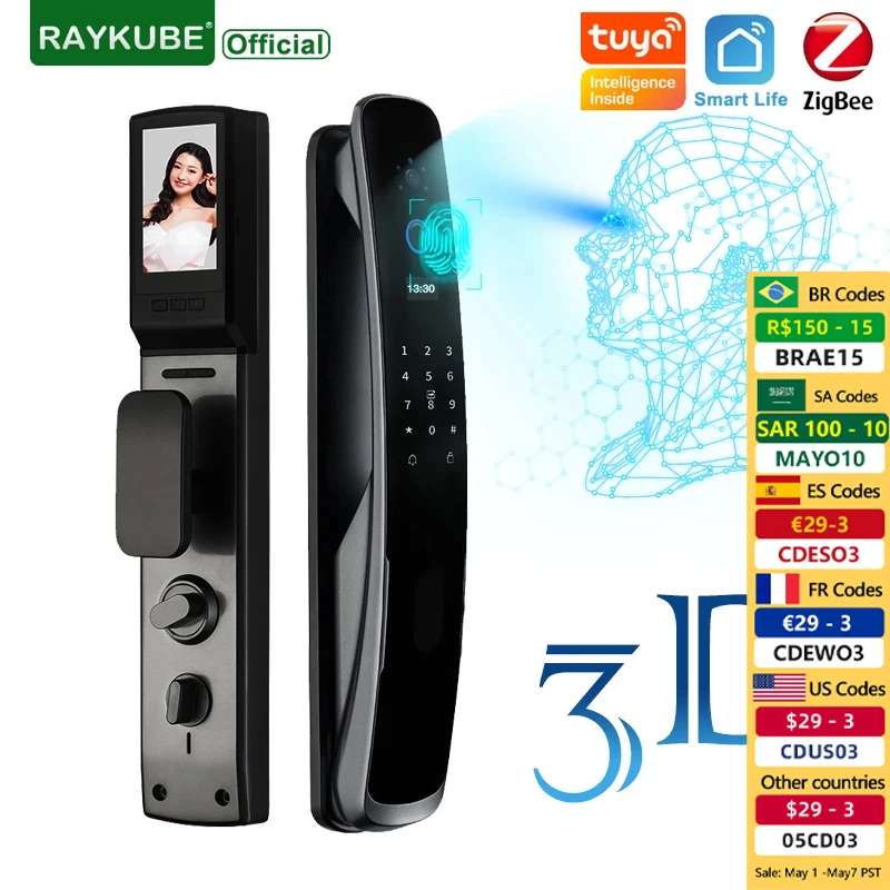 

RAYKUBE DF4 3D Face Recognition Smart Lock with Camera Tuya Zigbee Electronic Door Lock Fingerprint Lock with IC Card Peephole