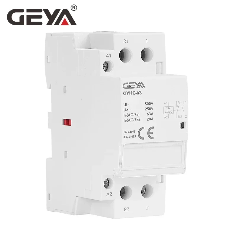 Contator Doméstico Automático GEYA GYHC, Tipo Trilho Din, DC 24V Bobina, 2P, 220V, 63A, 2NO, 2NC, 1NO1NC