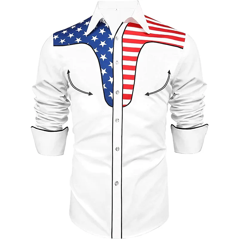 Men's Shirts Western Tribal Print Flag Lapel Black White Gray Outdoor Street Long Sleeves Button Clothing Designer Casual Soft