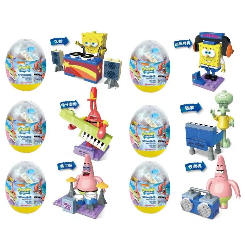 6-1pcs SpongeBob SquarePants Assemble Blocks Mini Twisted Egg Burger Doll Pie Star Crab Boss Children's Toy Birthday Gift