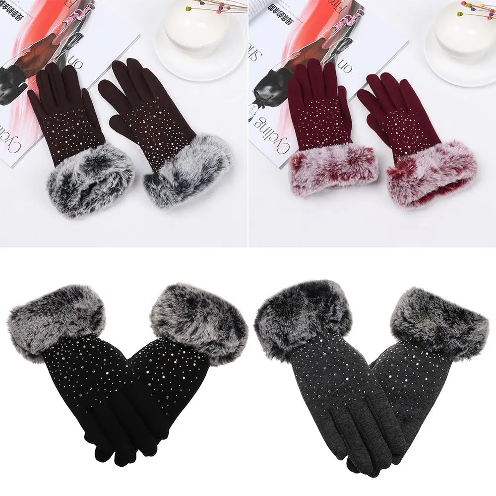 

Winter Plus Velvet Thicken Warm Rhinestone Cashmere Gloves Faux Fur Gloves Shiny Touch Screen Mittens