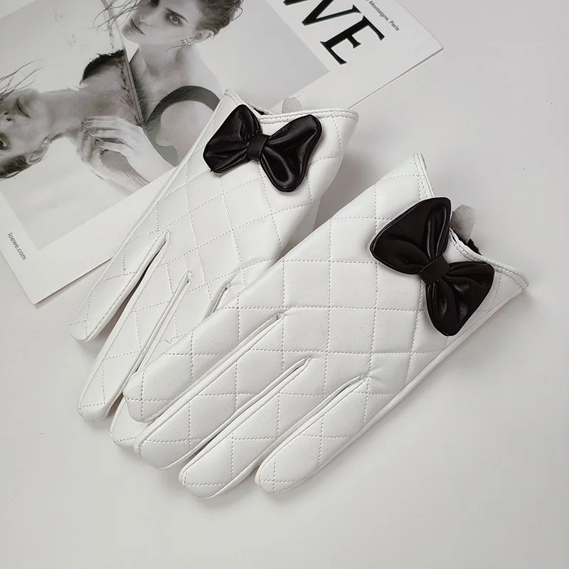 Women Black Bow Thickened Plush Inside Grid PU Artificial Leather Glove Sexy Female Nightclub Dance Punk Performance Mitten