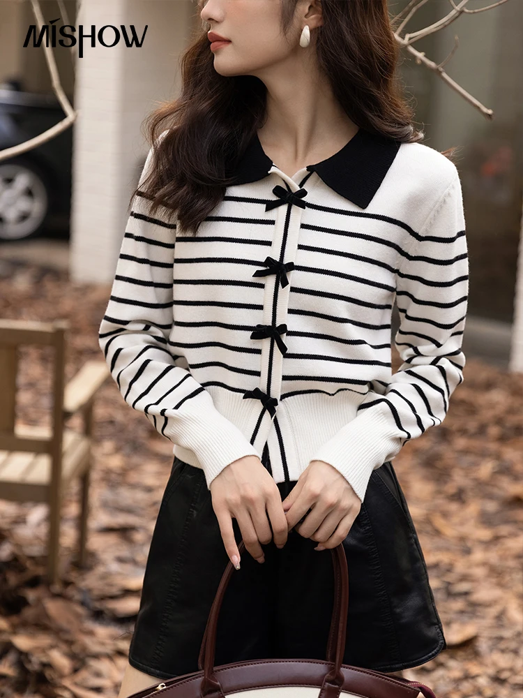 

MISHOW Sweater Jackets for Women 2023 Autumn Korean Fashion Single-breasted Striped Knitted Cardigans Slim Polo Tops MXB32Z0660