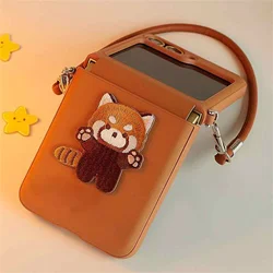 Brown Leather Embroidered Bear Case with Hand Strap - Razr 50 60 70 (A)