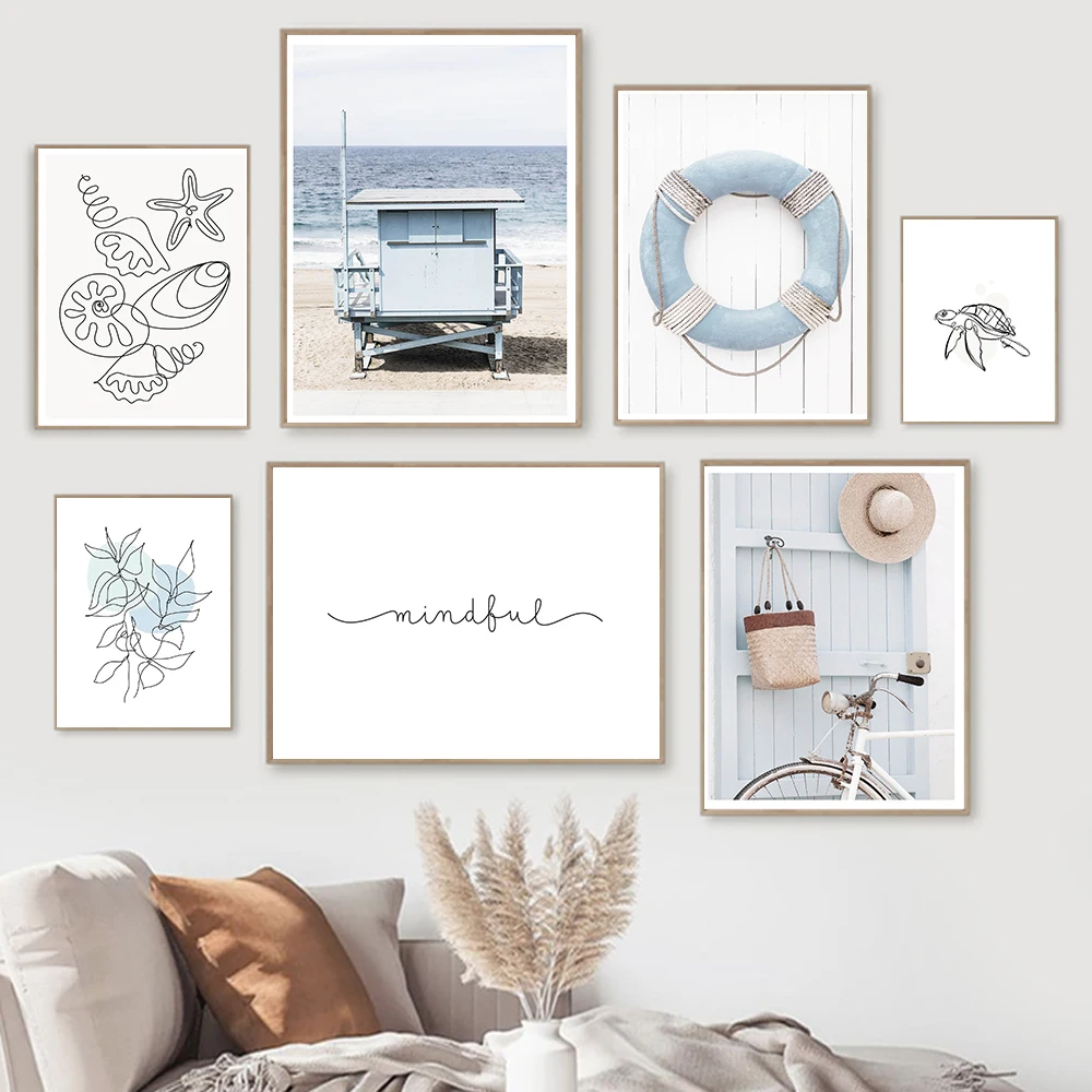 Sunrise Sea Guard Poster Beach Squiggly Shells Painting Waves Bike Turtle Canvas Prints Wall Art Sea Photography Home Decor