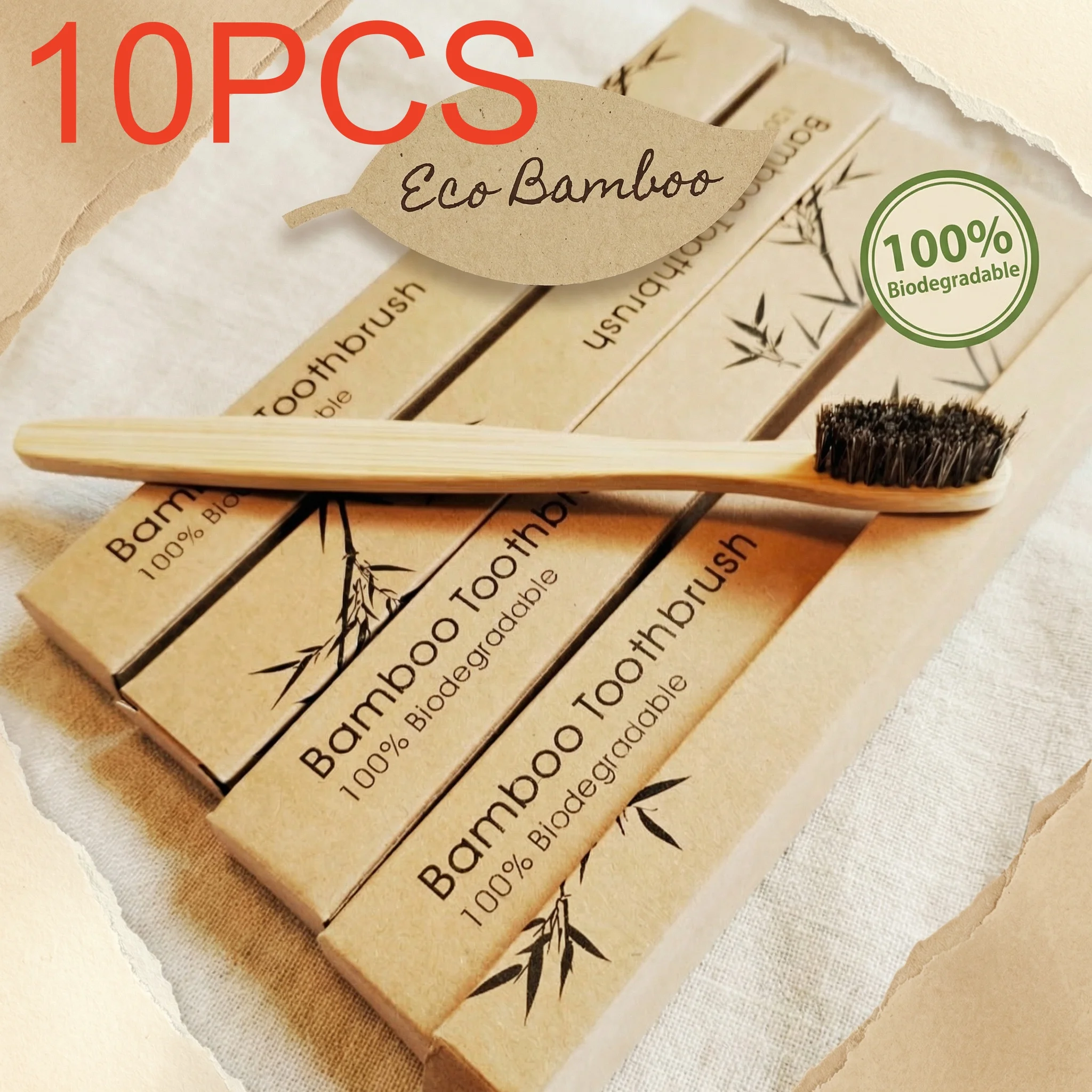 천연 대나무 칫솔, 여행용 칫솔&말털(10개입), 성인용 부드러운 칫솔모, 100% 생분해성, 플라스틱 및 나일론