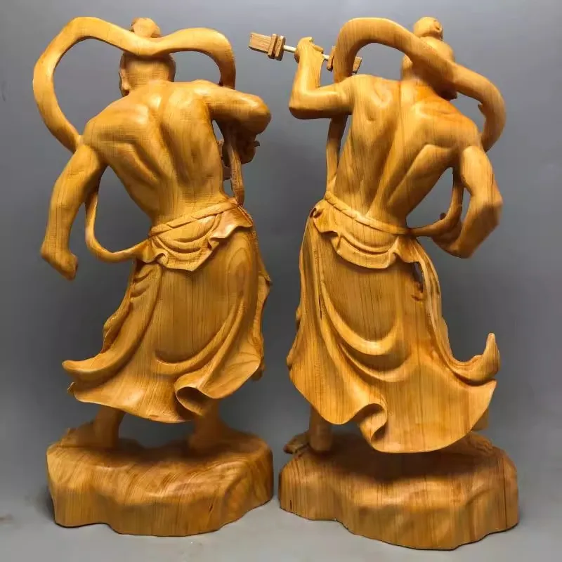 Natural Solid Wood Grand Marshal Marshals Hum Ha Two Will Door God Statue Hand-Carved Home Room Office Decor Figure Statue Suit
