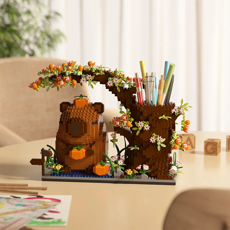 Capybara Building Block Pen Holder Multi-Function Desk Organizer for Office Supplies Cosmetics Birthday Gift Desktop Decoration