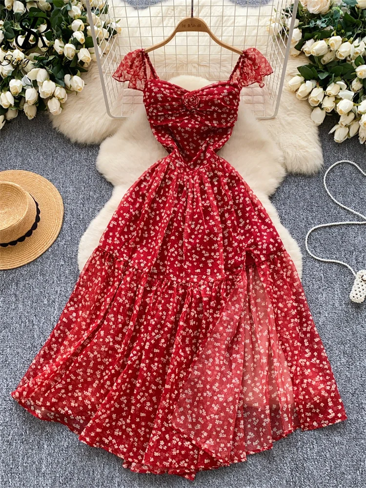 chinese dress ladies Cute A line Halter Ruffled Floral Blue Women's Long Vacation Dresses S –  SweetDress main image 0