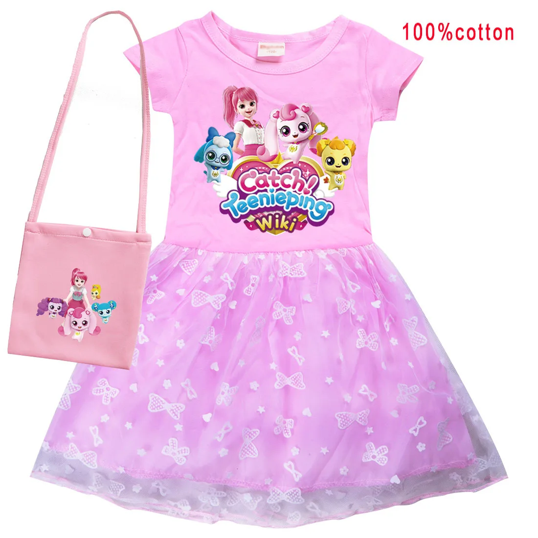 

2023 New Korean Anime Catch! Teenieping T Shirt Kids Summer Cotton Splicing Lace Party Princess Dress Baby Girls Casual Dresses