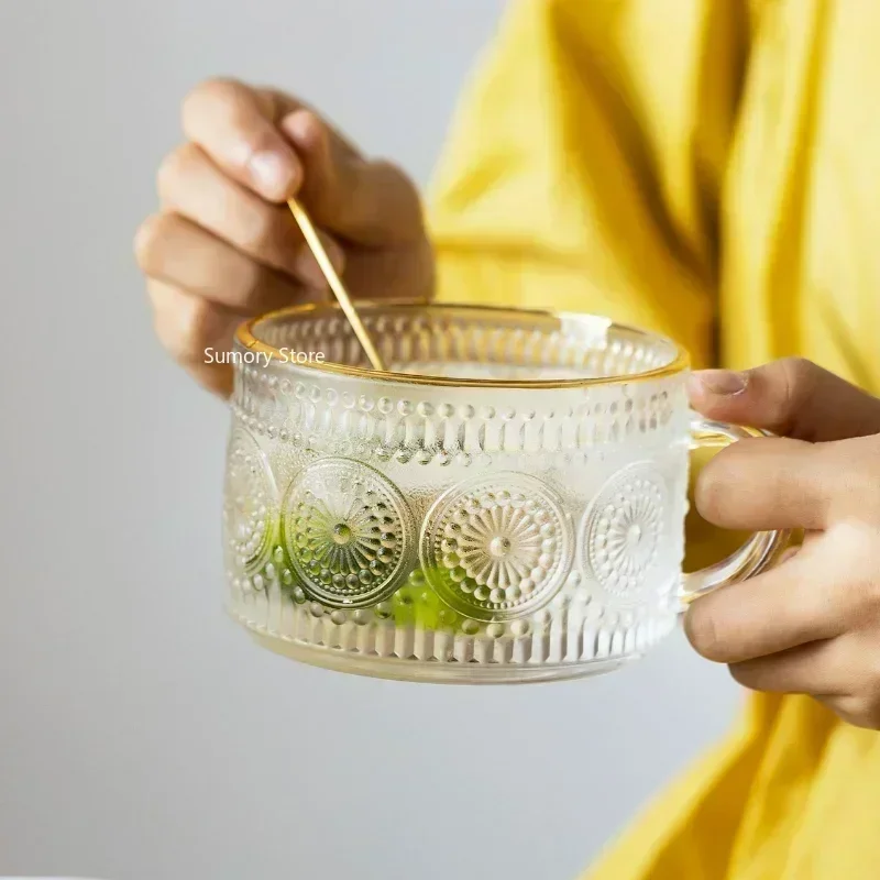 Drinking Glass Nordic Style Retro Embossed Glass Cups Sunflower Transparent Coffee Cup Pearl Milk Tea Cold Drink Juice Mug with Gold Line