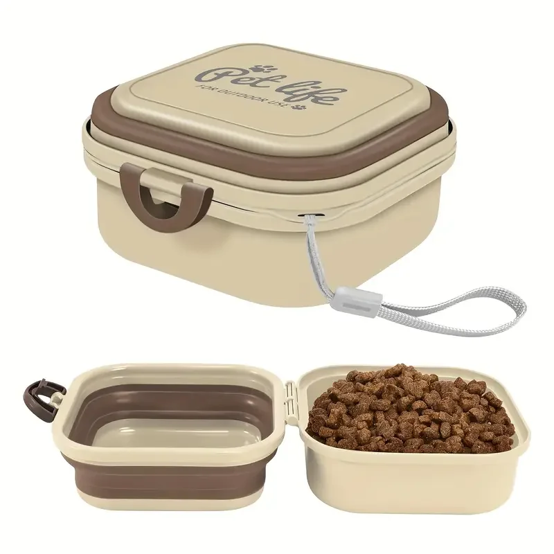 2 in 1 portable dog bowl for travel camping hiking durable pp material leak proof lid ergonomic handles white beige design food water feeder for dogs hiking essentials ergonomic pet bowl leakproof container hiking accessories details 1