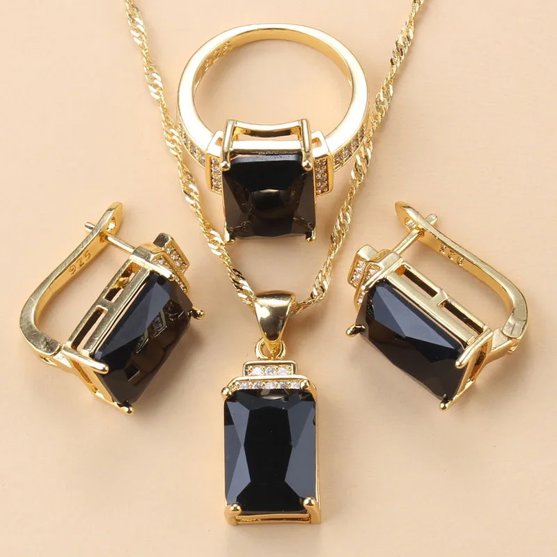 Bridal Jewelry Sets Arab Gold Color Dubai Wedding Costume Black Zirconia Bracelet Clip Earrings African Necklace Sets for Women