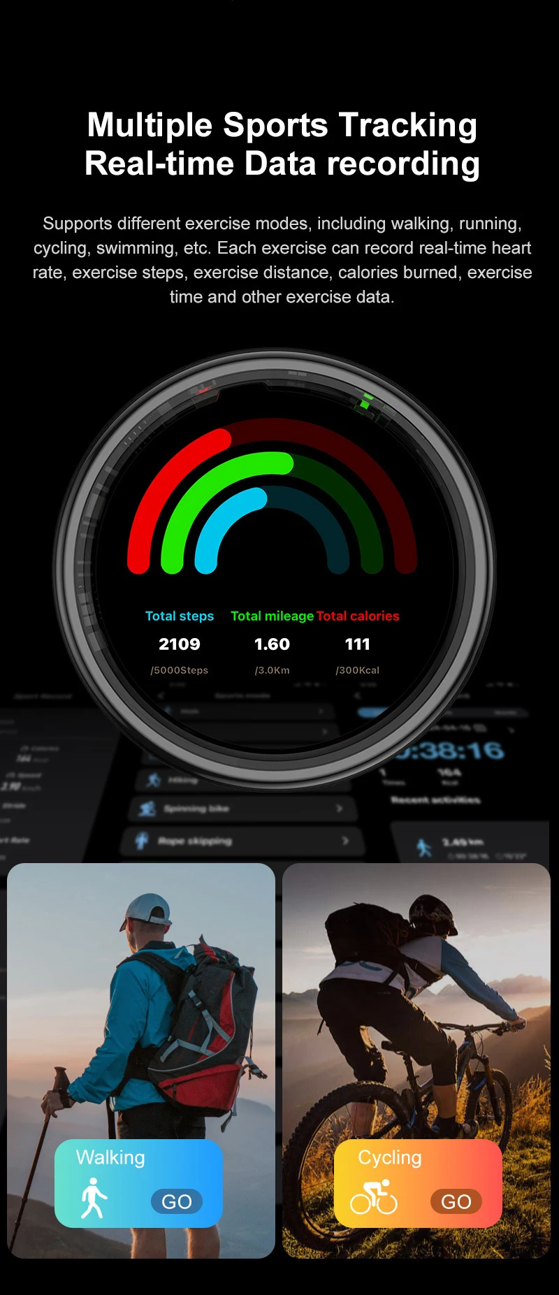 R12 Smart Ring Touch Screen Health Manager Heart Rate/Blood Oxygen Monitor Wireless Charging Waterproof for Universal