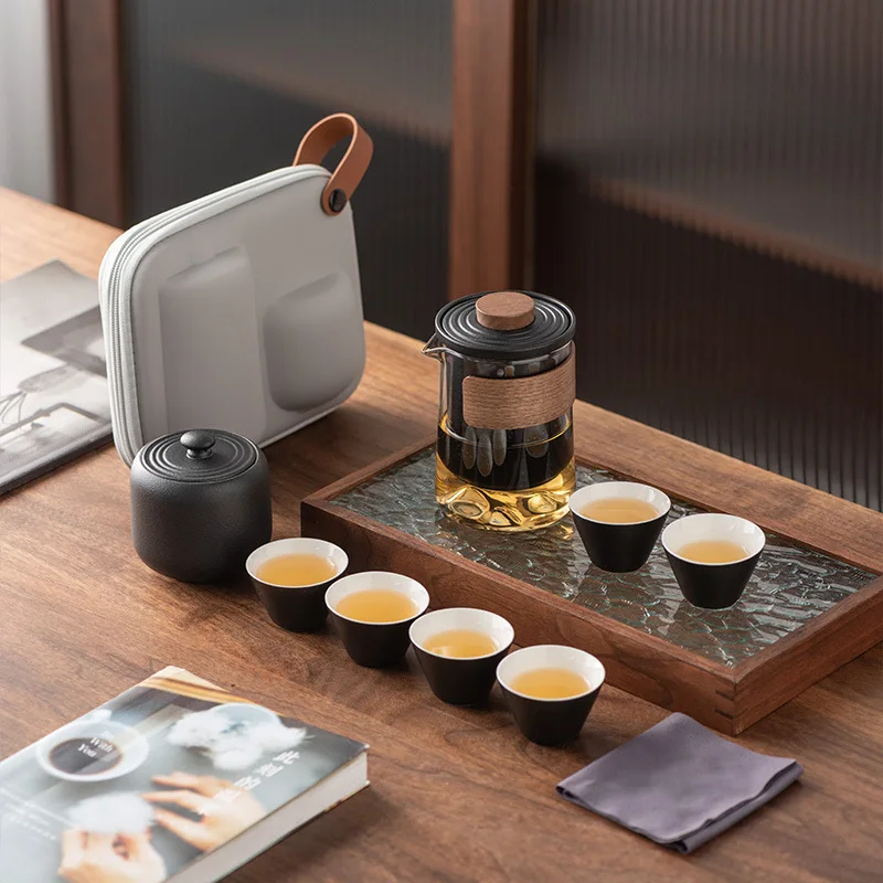 

High end travel tea set, Mid Autumn Festival business gift, glass outdoor one pot, three cups, jade porcelain express cup, brewi