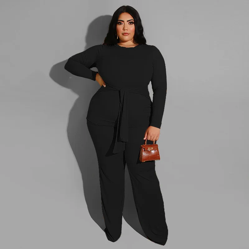 Plus Size Women Sets Long Sleeve Bandage Shirt and Wide Leg Pant 2022 Autumn Fashion Two Piece Set Sexy Lady Tracksuit Wholesale