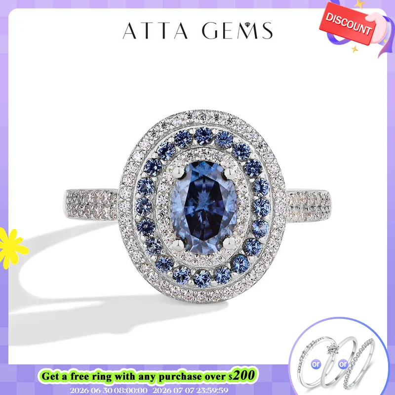 ATTAGEMS Blue Moissanite Women Rings Oval Cut 1.0CT Real S925 Sterling Silver Jewelry For Wedding Engagement Ring With Certified
