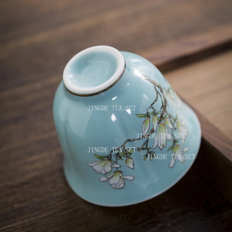 70ml Emerald Ceramic Tea Cup Jade Orchid Flower Inscribed Gold Tea Cup Household Chinese High-end Kung Fu Cup Drinking Utensils
