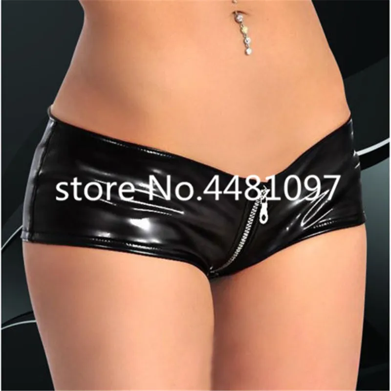 

Sexy Latex Rubber Women Mini Shorts Black Low Waist Crotch Zipper Underwear Female Sexy lingerie