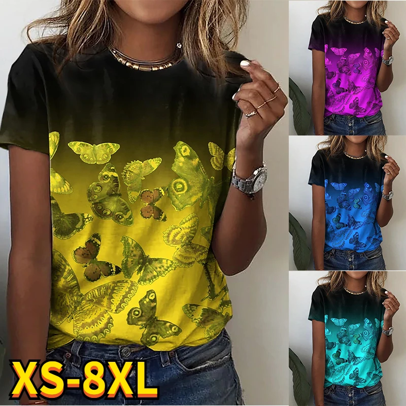 

2022 Summer Elegant Women's Butterflies Painting Tee Shirts Round Neck Pullover Casual Oversized Tops Plus Size New Design