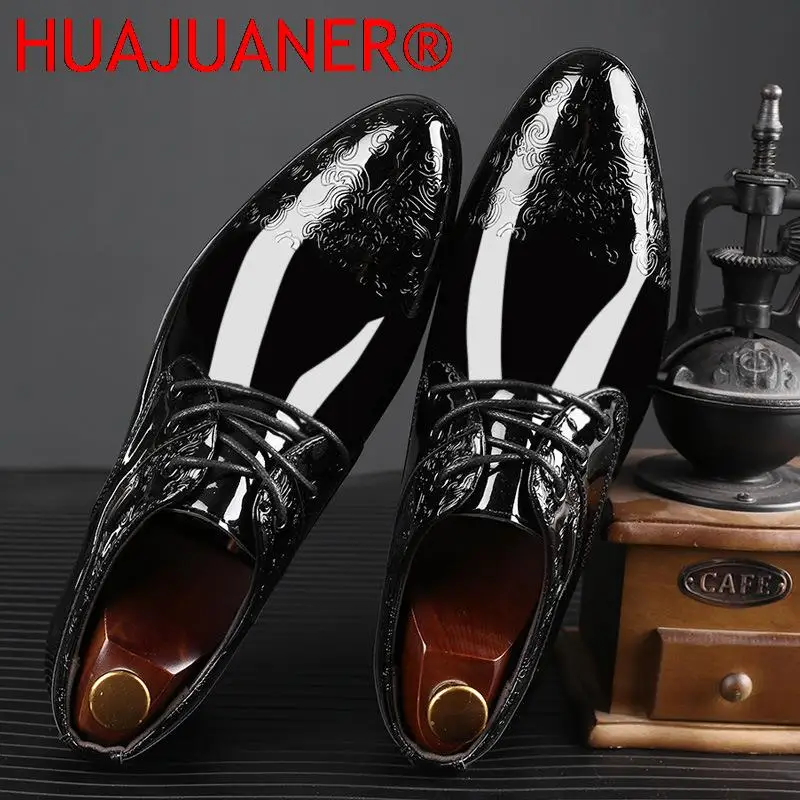 Casual Business Shoes for Men Dress Shoes Lace Up Formal Black Patent Leather Brogue for Male Wedding Party Office Oxfords