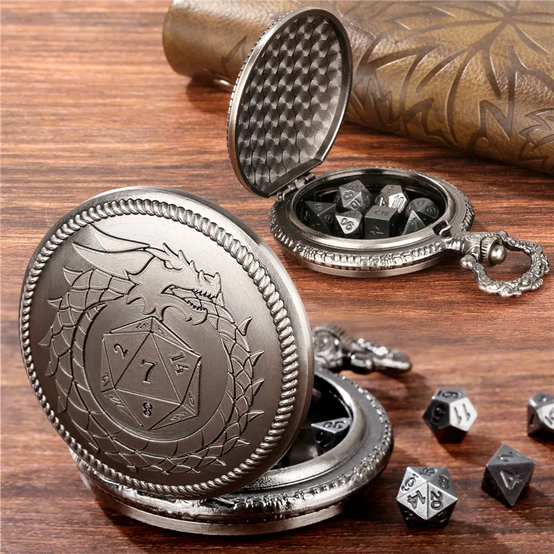 Pocket Watch Chain Bronze 7pcs Metal Polyhedral Dice Role Play Gaming Dices With Cool Dragon Pocket Watch Case Pendant FOB Chain Game Accessory
