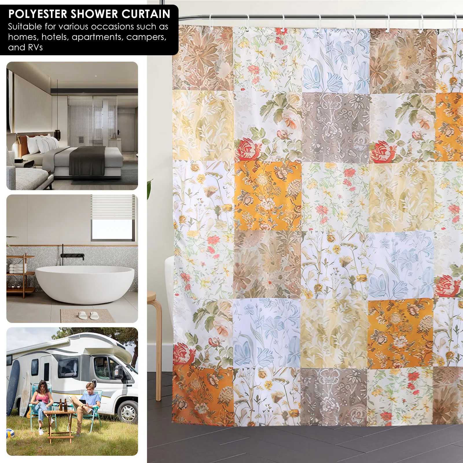 Floral Print Shower Curtain Waterproof Polyester Bath Curtain with 12 Plastic Hook 71x71 Inch Mid Century Style Window Curtains