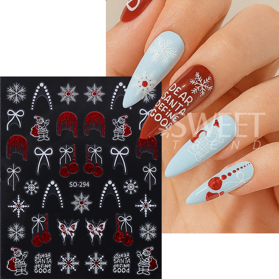 3pcs Glitter Christmas Santa Claus 3D Nail Stickers Xmas Tree Elk Snowflake Ball Bow Adhesive Decals DIY Winter Manicure Decor