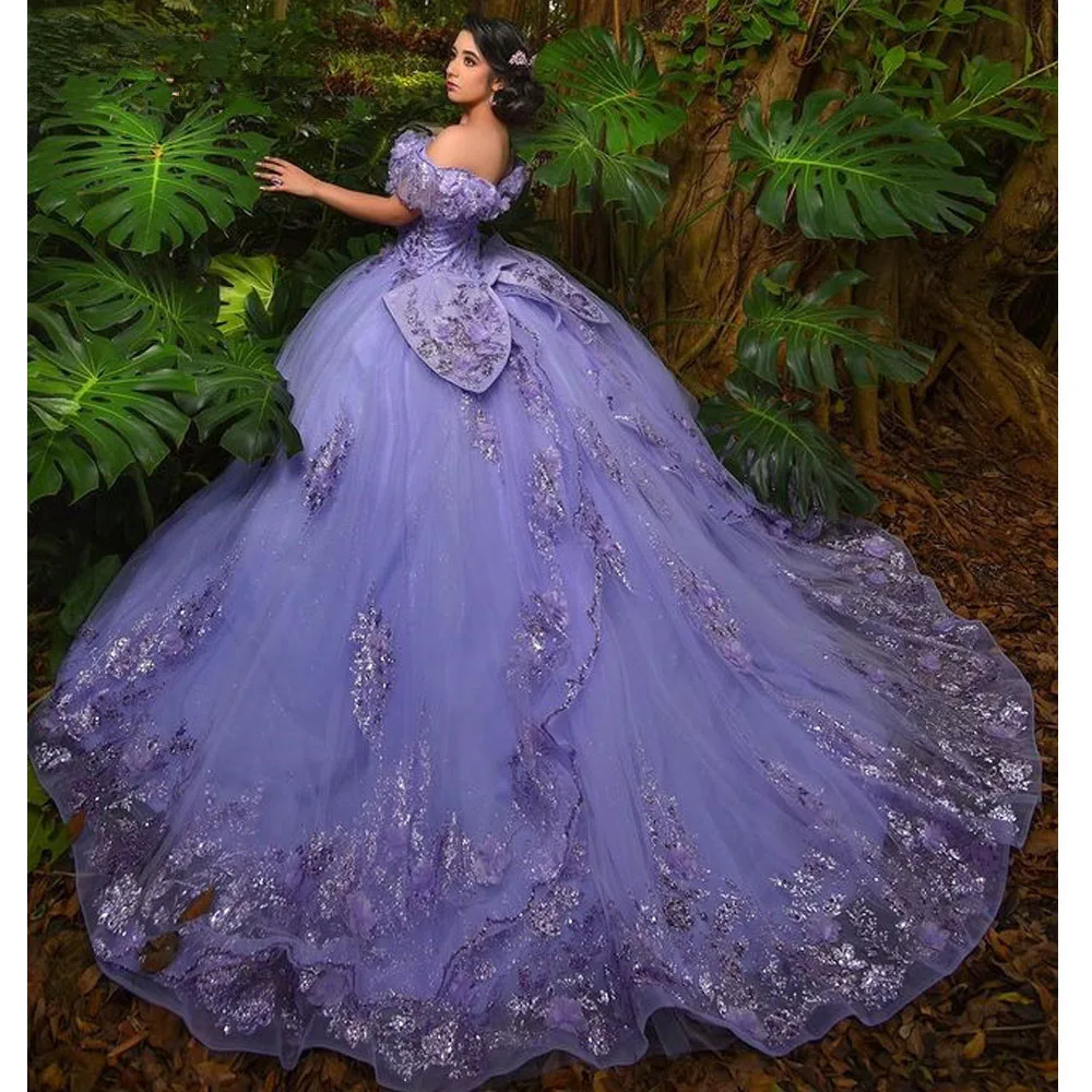 

Lilac lavender Quinceanera Dresses Ball Gown With Beaded Fishbone Off Shoulder Lace Sweet 16 Dress Lace-up Vestidos