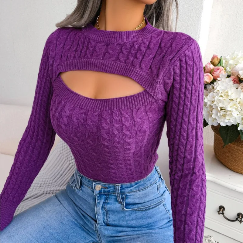 

2023 Winter Hollow Out Sweater For Women Fashion Sexy Solid Long Sleeve Round Neck Top Knit Versatile Warm Top Clothing