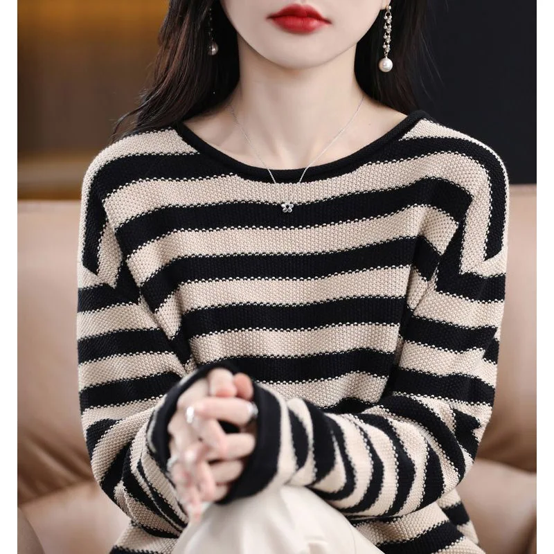 

Striped Contrast Color Knitted Sweater Women 2023 New Autumn and Winter Women's Fashion All-match Office Lady Bottoming Shirt