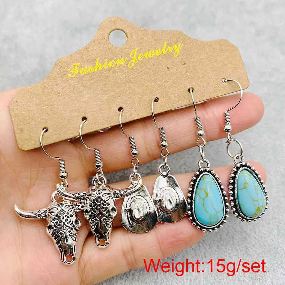 Western Turquoise Cowboy Earrings Set - Cowgirl Country Dangling Statement Jewelry For Women