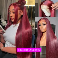 Perruques Lace Front HD 13x4 en Cheveux Humains, Densité 200%, Pré-épilées, Couleur Rouge Vin, Lisses, pour Femmes Noires 2