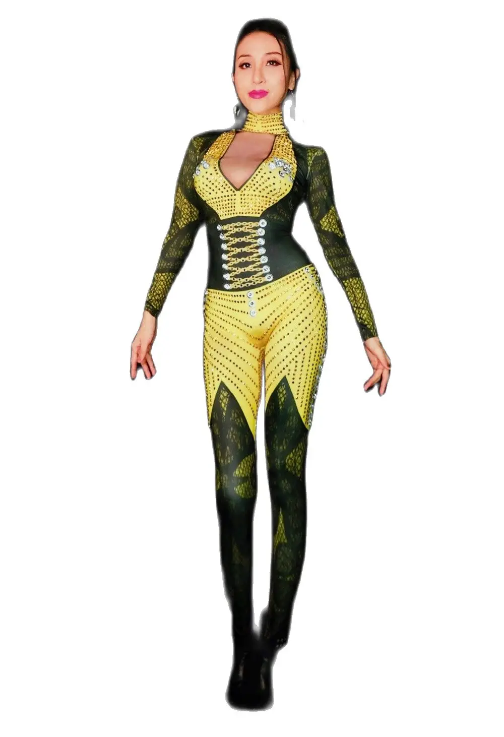 

Новый Желтый сексуальный комбинезон gogo с имитацией груди, бандажная Туника дворца, костюм ведущей танцевальной команды, сценический костюм для выступлений