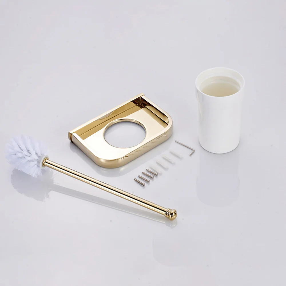 Luxury Polished Gold Color Brass Wall Mounted Toilet Brush & Holder Set White Brush Ceramic Cup Bathroom Accessory aba845