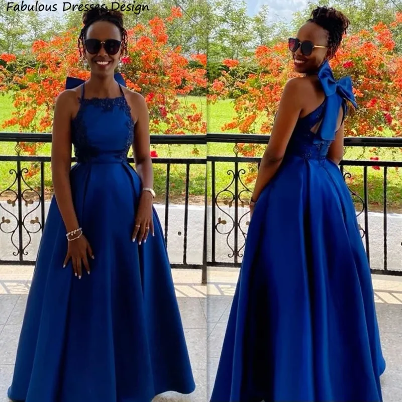 

Синие атласные платья а-силуэта для подружек невесты, длинное кружевное платье с большим бантом и открытой спиной для свадебной вечеринки