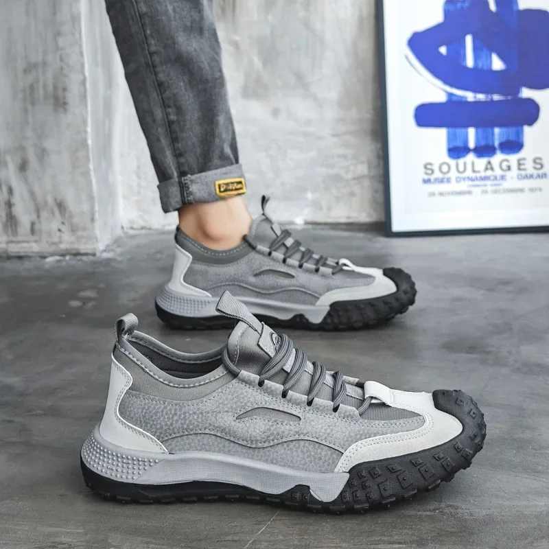Outdoor Men Hiking Shoes Anti-slip Platform Men Sneakers Retro Leather Jogging Shoes Fashion Wear-resistant Trekking Shoes Male 4