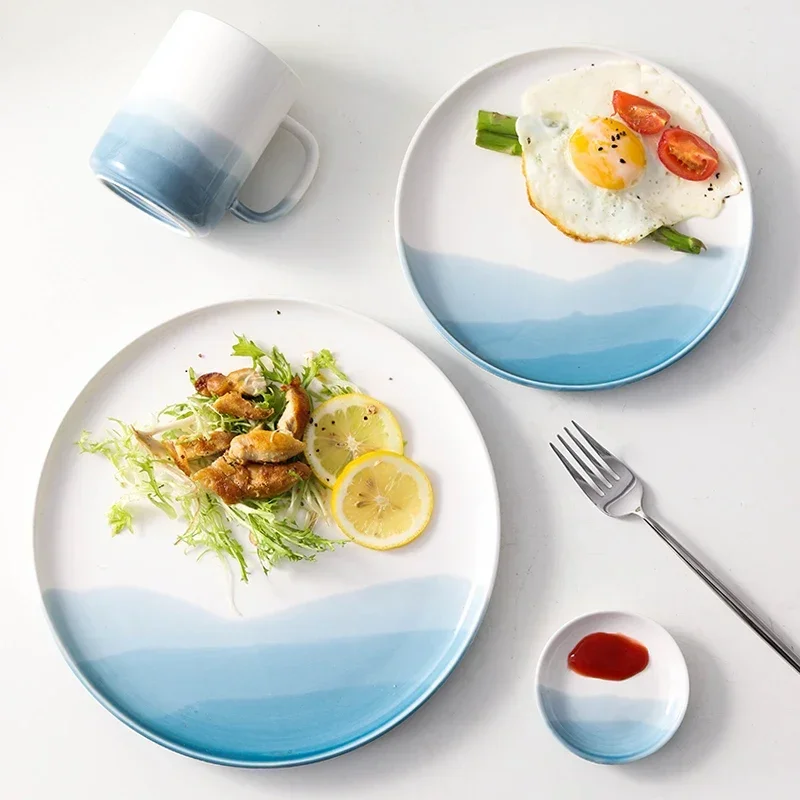 Mountain Scenery Ceramic Dinner Plate Big Round Dessert cake plate Square Steak pizza dish Restaurant kitchen tableware set