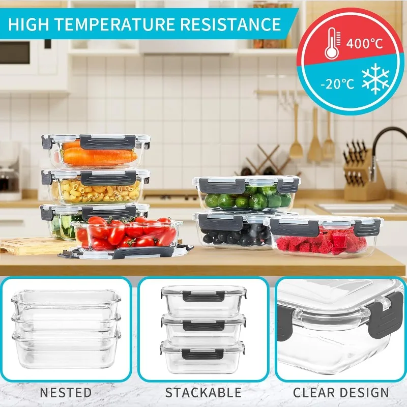 10 Pack Glass Meal Prep Containers Glass Airtight Food Storage Containers with Lids Pantry Kitchen Storage Containers for Lunch 5