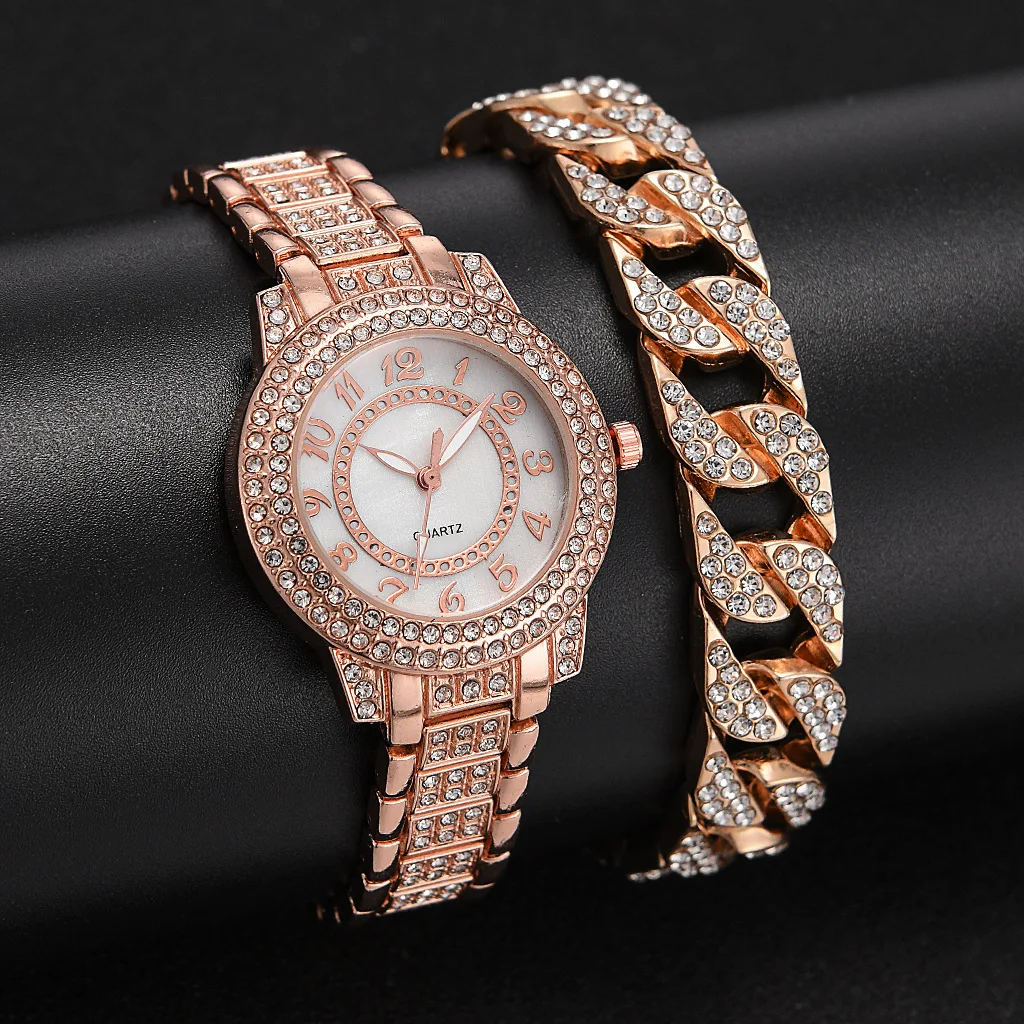 

New European and American Fashion Diamond Inlaid Steel Band Watch Men's Foreign Trade Large Dial Trend Versatile Watch Set