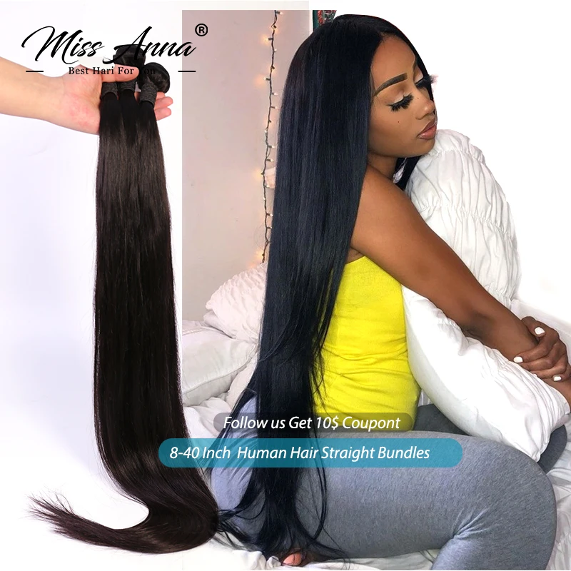 цена Missanna 36 38 40Inch Bundles Human Hair Brazilian Soft Weave Bundles 3/4Pcs Straight Human Hair Bundles 40 Inch Hair Extensions