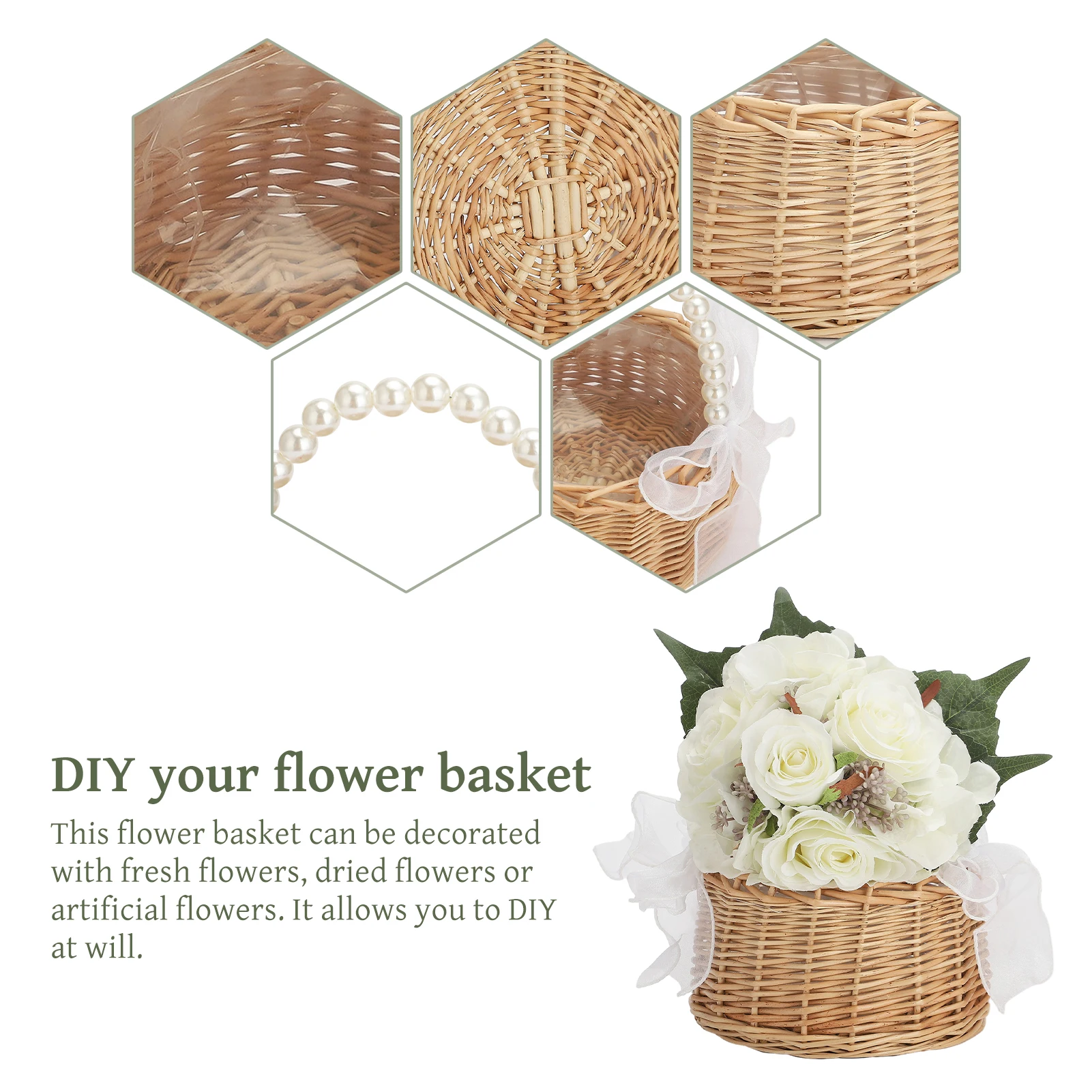 Pearl Princess Woven Flower Basket Rattan Storage Basket Flower Girl Hand Basket Handmade Flower Basket For Home Wedding Decor 3