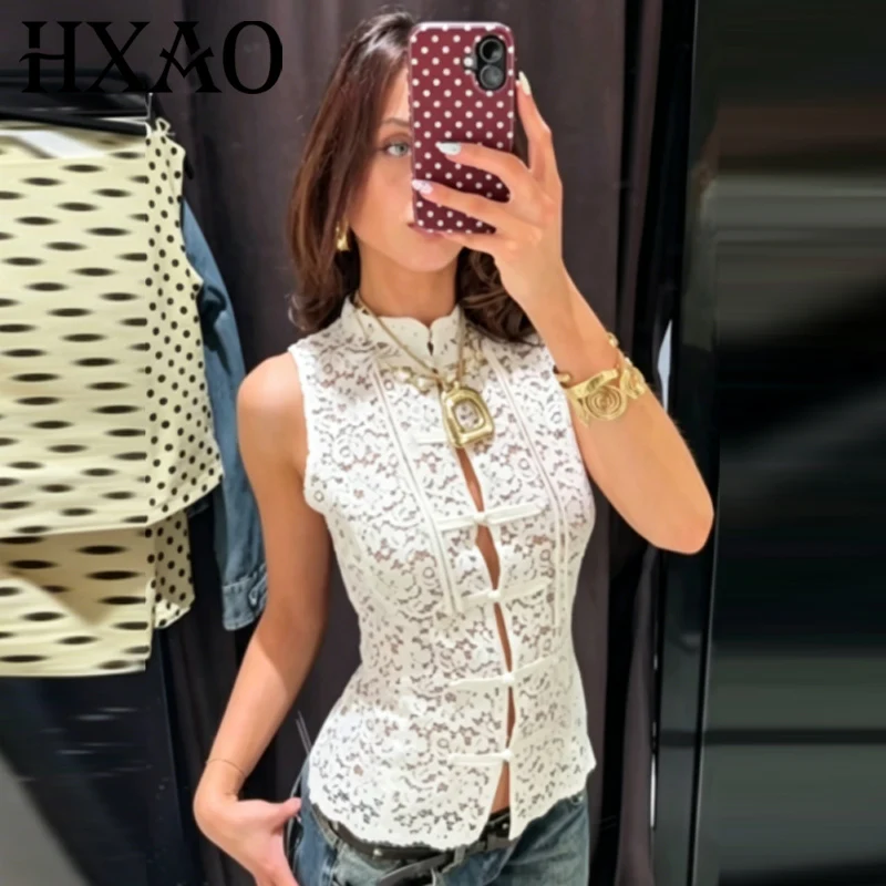 HXAO White Lace Top Women Summer 2026 Casual Cropped Hollow Out Frog Button Sleeveless Vest Chic Elegant Chinese Style Tank Tops