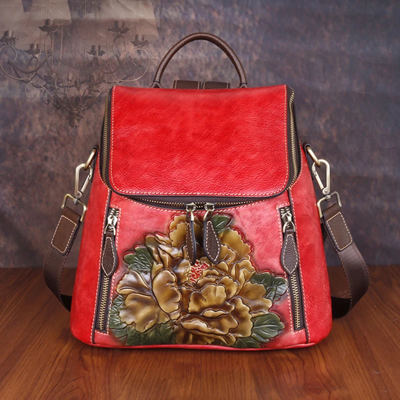 

Women Backpack Genuine Leather Flower Pattern Real Cowhide Rucksack Female 3 Use Vintage Shoulder Bag Daypack Travel Knapsack