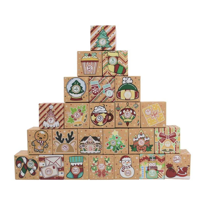 

24 шт. Рождественский календарь, коробка для конфет, коробка с обратным отсчётом Санта, Подарочная коробка из крафт-бумаги, 24 знака, рождественский подарок, Упаковочная бумажная коробка