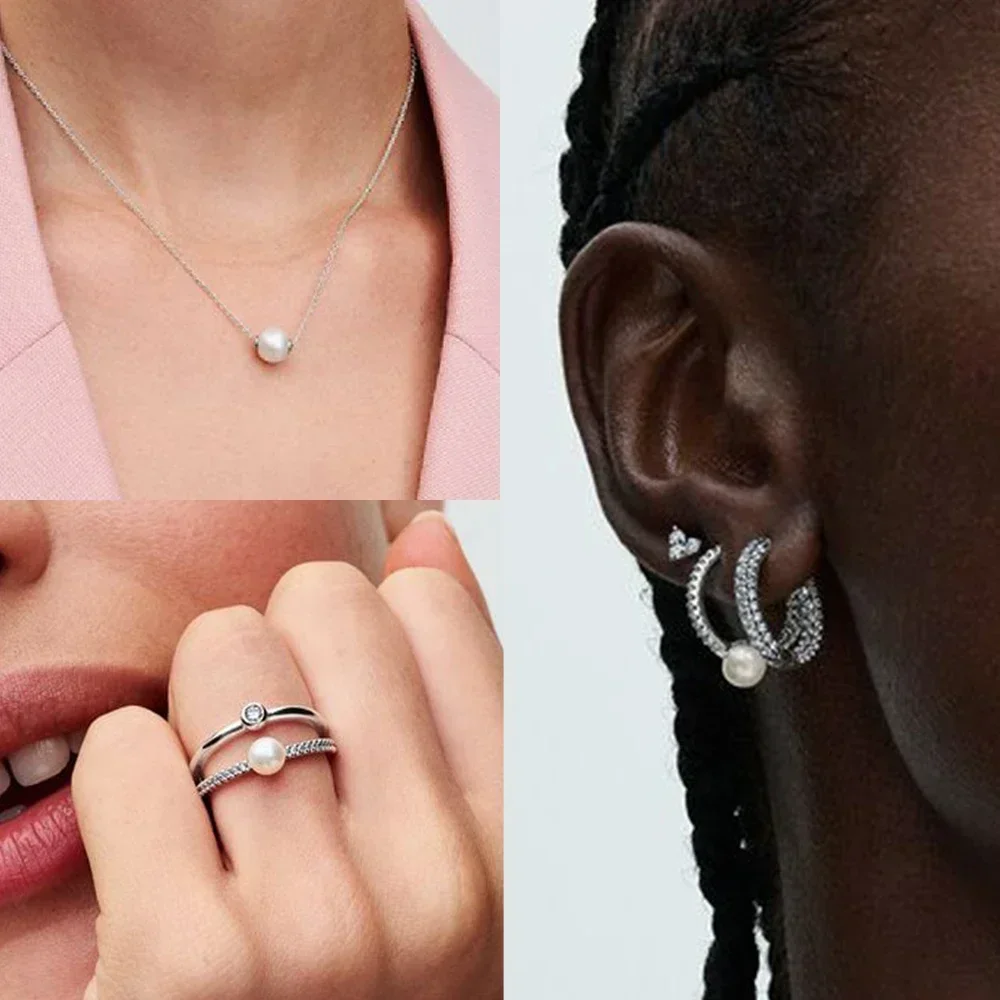 Pearl Jewelry Set Sterling Silver 925 Freshwater Cultured Pearls Collier Pearl Ring Necklace Earrings for Women Fine Jewelry Gift