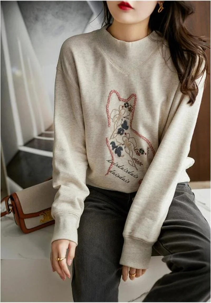 2022 Spring Autumn Sweatshirt Women New Fashion Cotton O-neck Long Sleeve Sweatshirt Stitching Casual Cat Embroidery Clothes